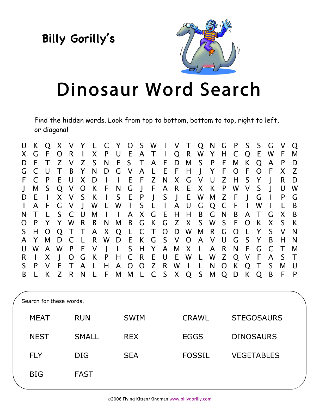 click to download Dinosaurs word search